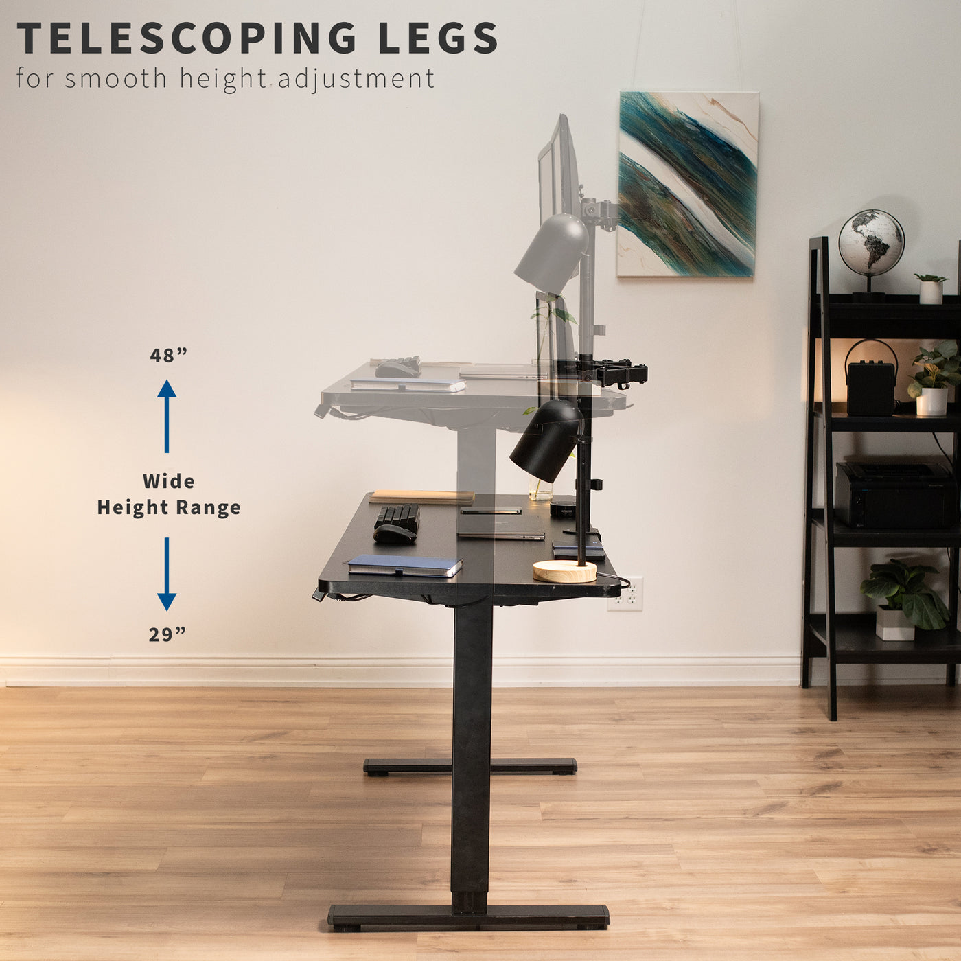 Heavy-duty electric height adjustable desktop workstation for active sit or stand efficient workspace with telescoping legs for solid base support.