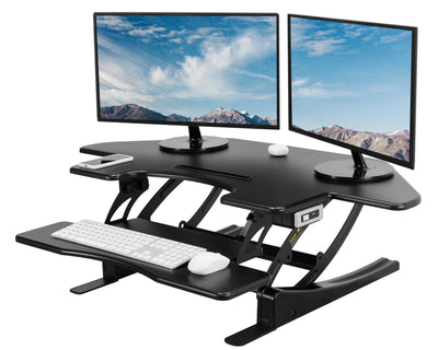 Heavy-duty height adjustable corner desk converter monitor riser with 2 tiers.